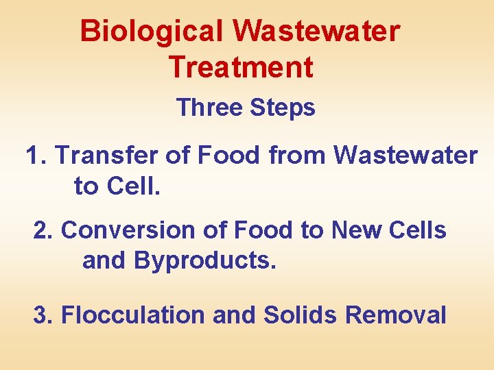 Biological Wastewater Treatment Three Steps 1. Transfer of Food from Wastewater to Cell. 2.