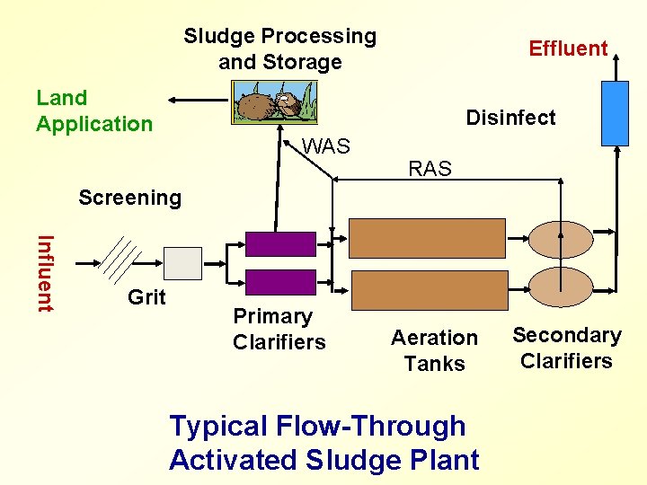 Sludge Processing and Storage Land Application Effluent Disinfect WAS RAS Screening Influent Grit Primary