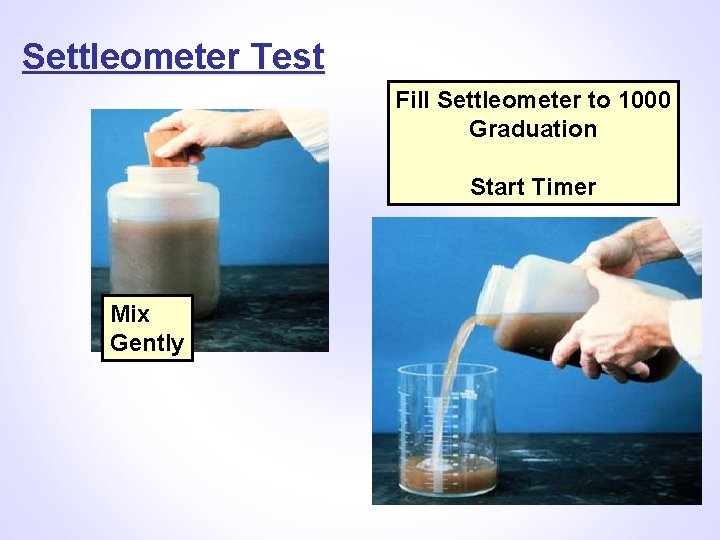 Settleometer Test Fill Settleometer to 1000 Graduation Start Timer Mix Gently 