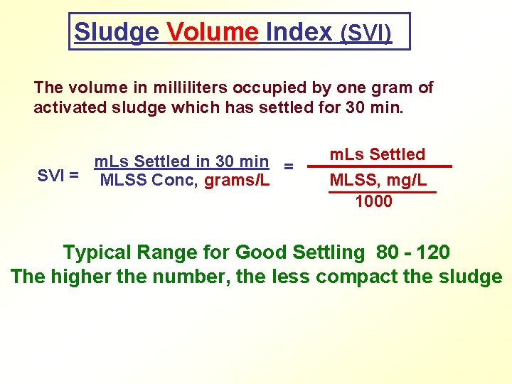 Sludge Volume Index (SVI) The volume in milliliters occupied by one gram of activated