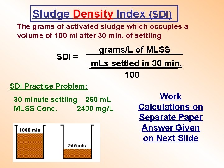 Sludge Density Index (SDI) The grams of activated sludge which occupies a volume of