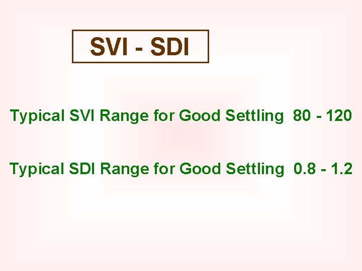 SVI - SDI Typical SVI Range for Good Settling 80 - 120 Typical SDI