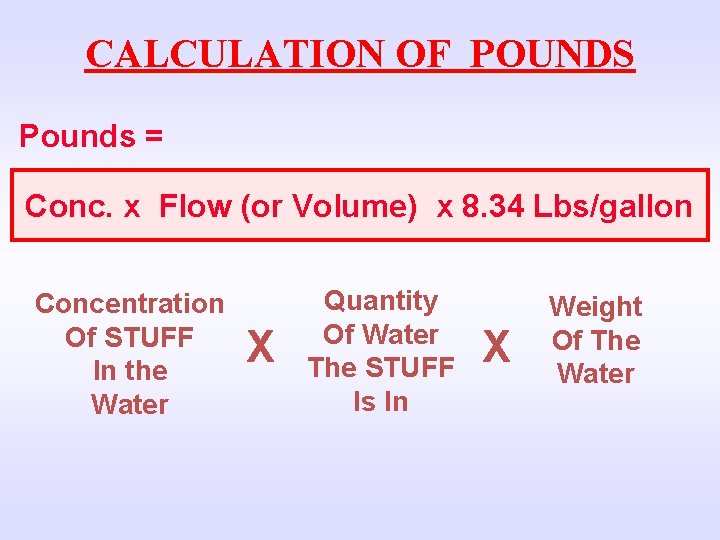 CALCULATION OF POUNDS Pounds = Conc. x Flow (or Volume) x 8. 34 Lbs/gallon