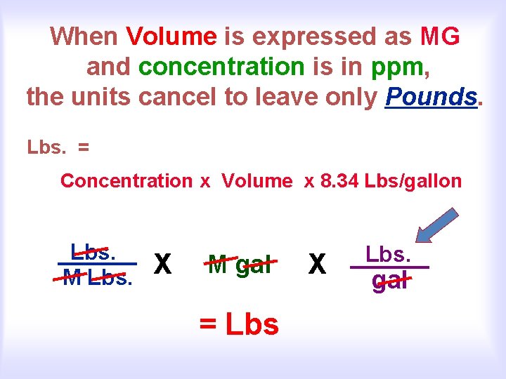 When Volume is expressed as MG and concentration is in ppm, the units cancel