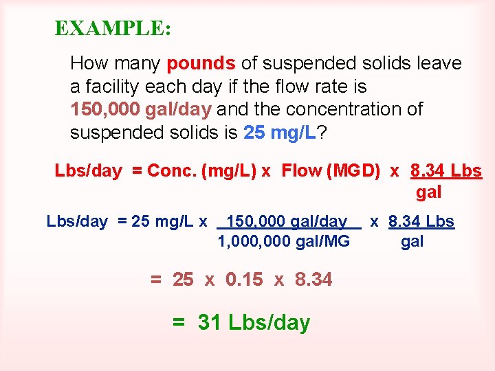 EXAMPLE: How many pounds of suspended solids leave a facility each day if the