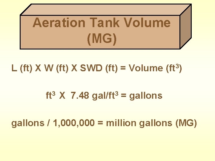 Aeration Tank Volume (MG) L (ft) X W (ft) X SWD (ft) = Volume