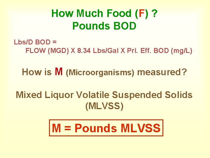 How Much Food (F) ? Pounds BOD Lbs/D BOD = FLOW (MGD) X 8.