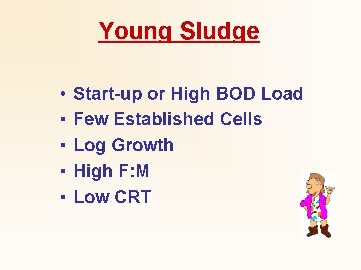 Young Sludge • • • Start-up or High BOD Load Few Established Cells Log