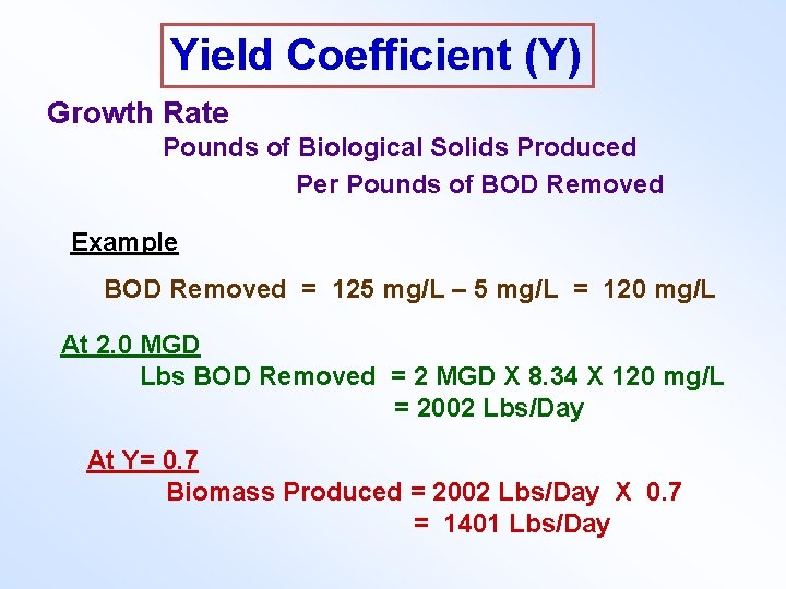 Yield Coefficient (Y) Growth Rate Pounds of Biological Solids Produced Per Pounds of BOD