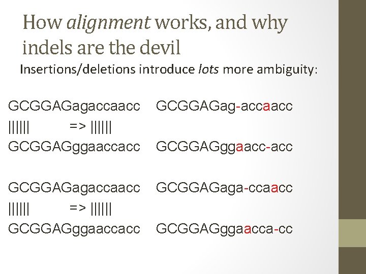How alignment works, and why indels are the devil Insertions/deletions introduce lots more ambiguity: