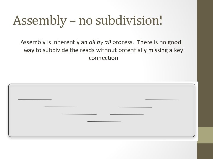 Assembly – no subdivision! Assembly is inherently an all by all process. There is