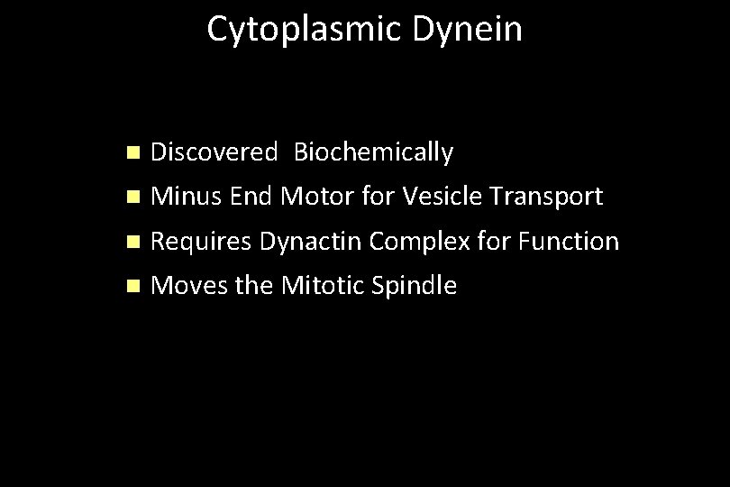 Cytoplasmic Dynein n Discovered Biochemically n Minus End Motor for Vesicle Transport n Requires