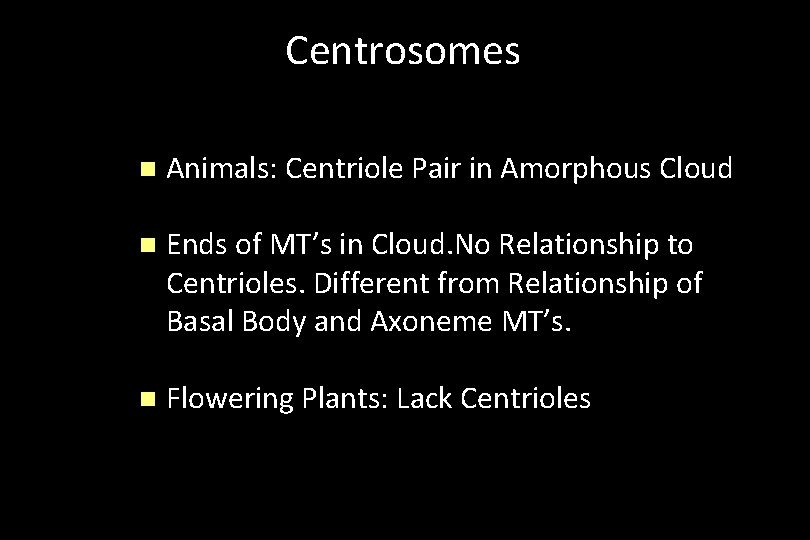 Centrosomes n Animals: Centriole Pair in Amorphous Cloud n Ends of MT’s in Cloud.