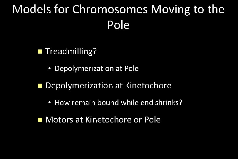 Models for Chromosomes Moving to the Pole n Treadmilling? • Depolymerization at Pole n
