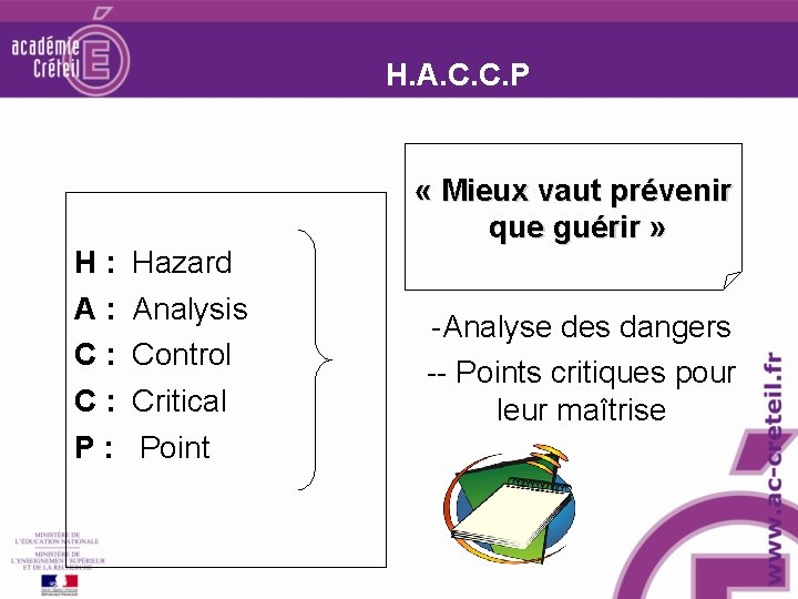 H. A. C. C. P H : Hazard A : Analysis C : Control H. A. C. C. P H : Hazard A : Analysis C : Control
