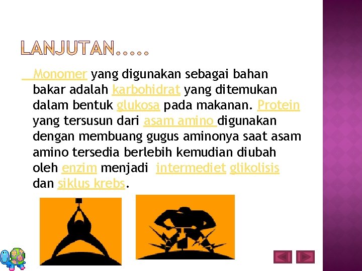 Monomer yang digunakan sebagai bahan bakar adalah karbohidrat yang ditemukan dalam bentuk glukosa pada