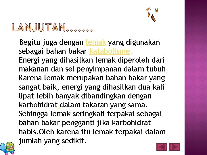 Begitu juga dengan lemak yang digunakan sebagai bahan bakar katabolisme. Energi yang dihasilkan lemak