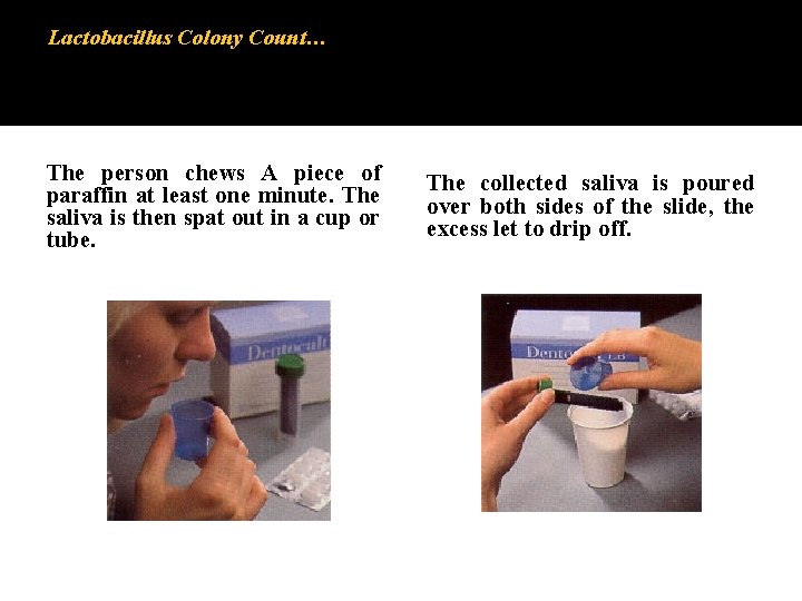 Lactobacillus Colony Count… The person chews A piece of paraffin at least one minute. Lactobacillus Colony Count… The person chews A piece of paraffin at least one minute.