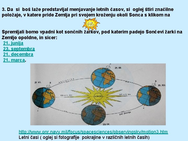 3. Da si boš laže predstavljal menjavanje letnih časov, si oglej štiri značilne položaje,