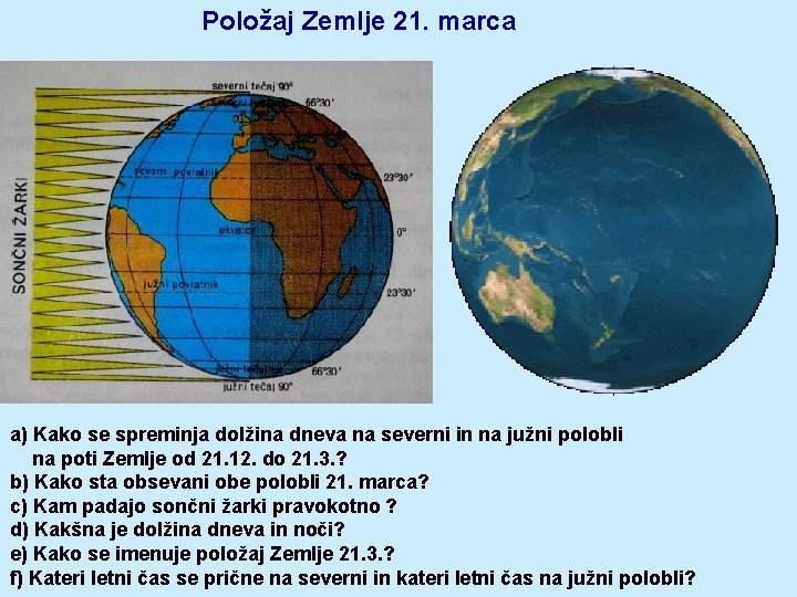 Položaj Zemlje 21. marca a) Kako se spreminja dolžina dneva na severni in na