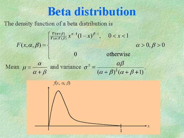 Beta distribution The density function of a beta distribution is Mean and variance f(x,