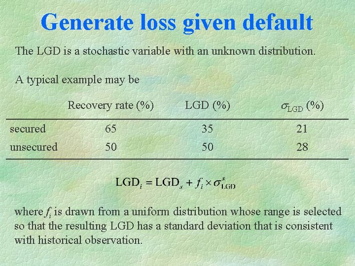 Generate loss given default The LGD is a stochastic variable with an unknown distribution.