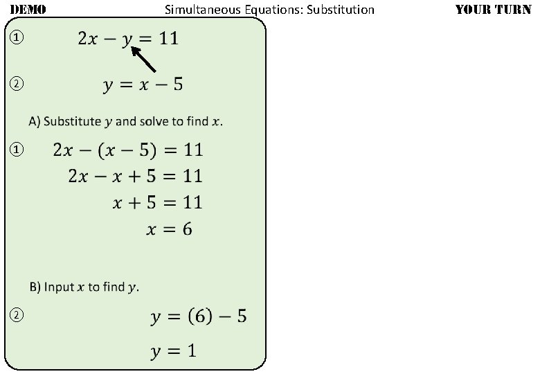 Simultaneous Equations: Substitution DEMO ① ② ① ② YOUR TURN Simultaneous Equations: Substitution DEMO ① ② ① ② YOUR TURN
