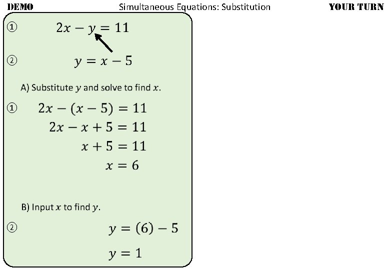 Simultaneous Equations: Substitution DEMO ① ② ① ② YOUR TURN 