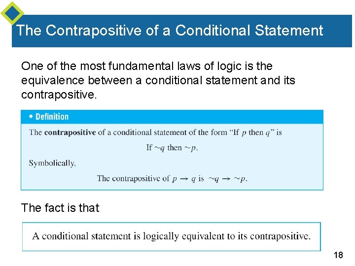 The Contrapositive of a Conditional Statement One of the most fundamental laws of logic
