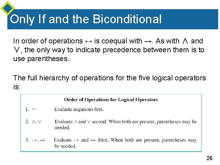 Only If and the Biconditional In order of operations ↔ is coequal with →.