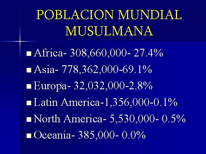 POBLACION MUNDIAL MUSULMANA n Africa- 308, 660, 000 - 27. 4% n Asia- 778,