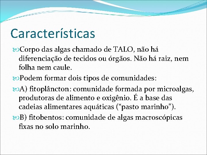 Características Corpo das algas chamado de TALO, não há diferenciação de tecidos ou órgãos.