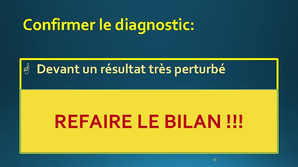 Confirmer le diagnostic: G Devant un résultat très perturbé G éliminer une erreur grossière