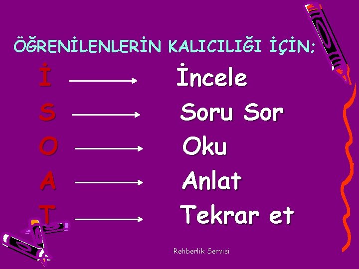 ÖĞRENİLENLERİN KALICILIĞI İÇİN; İ S O A T İncele Soru Sor Oku Anlat Tekrar