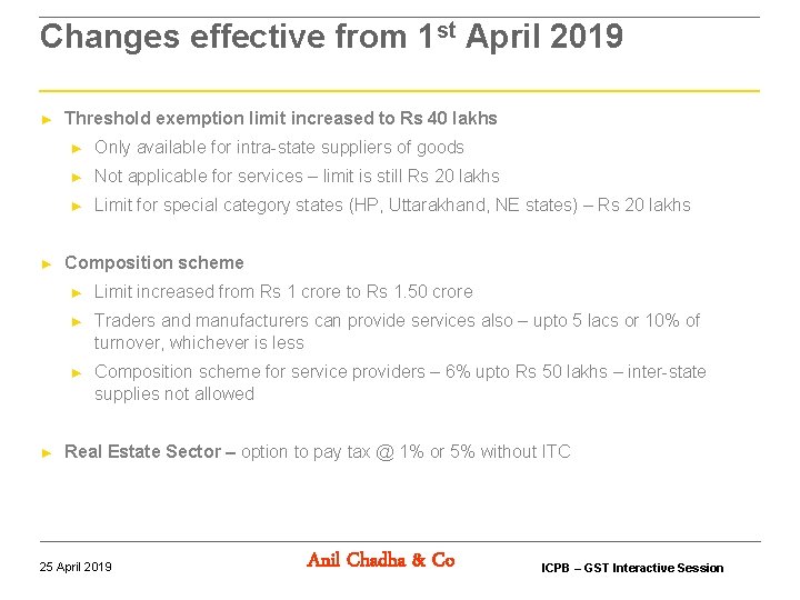 Changes effective from 1 st April 2019 ► ► ► Threshold exemption limit increased Changes effective from 1 st April 2019 ► ► ► Threshold exemption limit increased