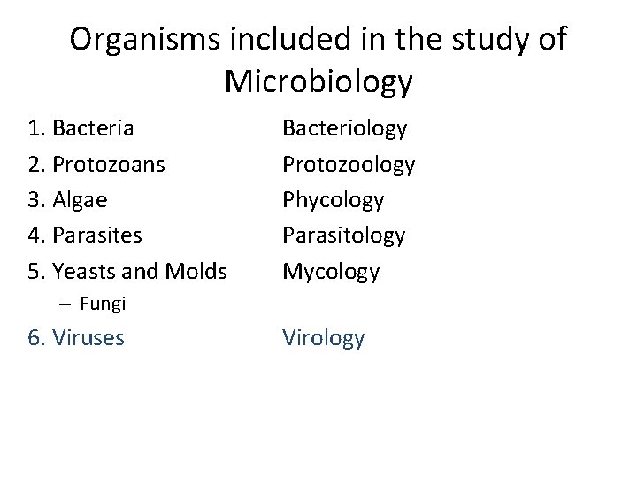 Organisms included in the study of Microbiology 1. Bacteria 2. Protozoans 3. Algae 4.