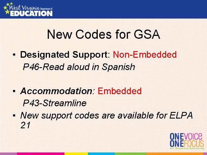 New Codes for GSA • Designated Support: Non-Embedded P 46 -Read aloud in Spanish