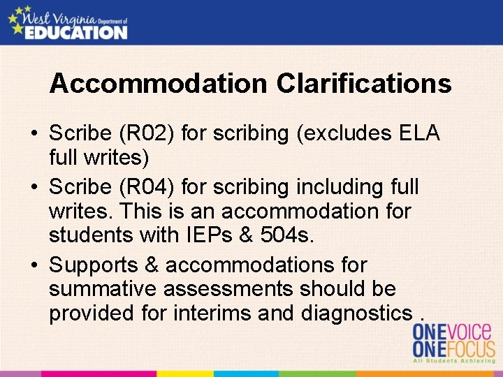 Accommodation Clarifications • Scribe (R 02) for scribing (excludes ELA full writes) • Scribe