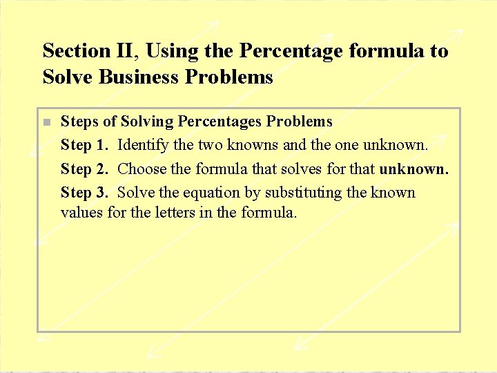 Section II, Using the Percentage formula to Solve Business Problems n Steps of Solving
