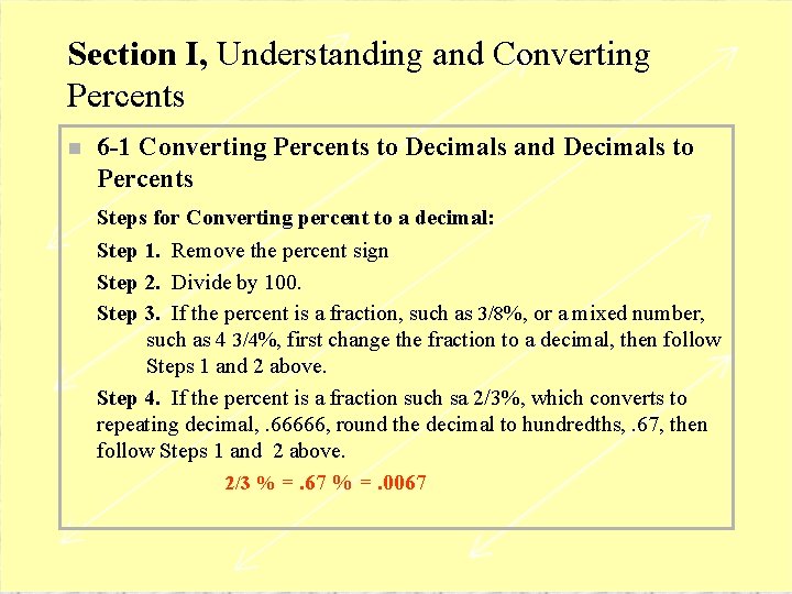 Section I, Understanding and Converting Percents n 6 -1 Converting Percents to Decimals and