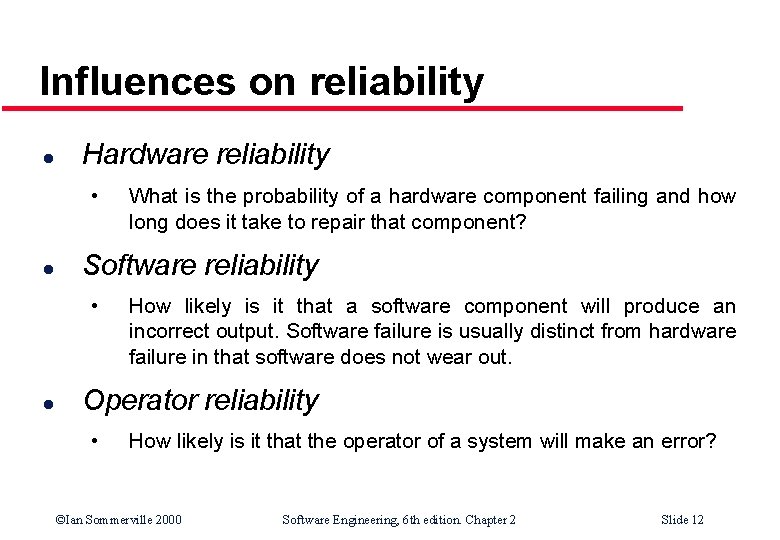 Influences on reliability l Hardware reliability • l Software reliability • l What is Influences on reliability l Hardware reliability • l Software reliability • l What is