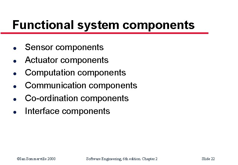Functional system components l l l Sensor components Actuator components Computation components Communication components Functional system components l l l Sensor components Actuator components Computation components Communication components