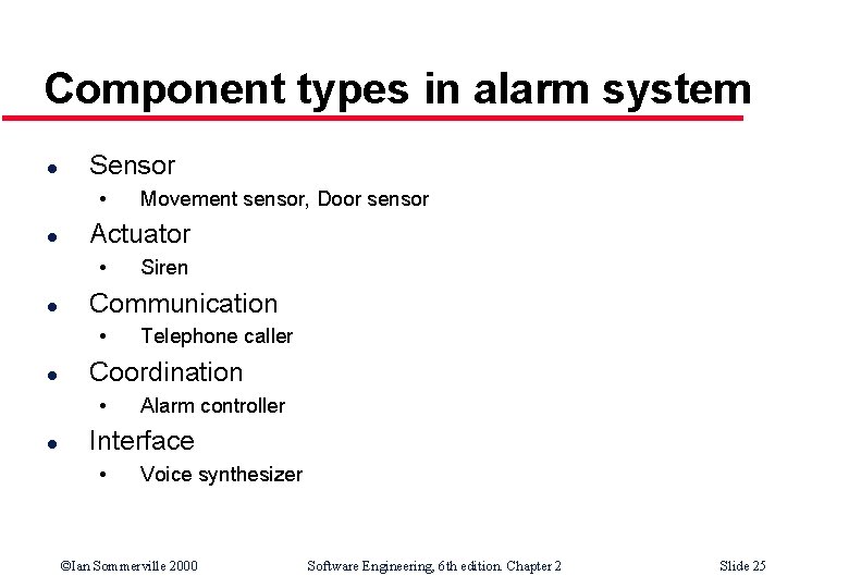 Component types in alarm system l Sensor • l Actuator • l Telephone caller Component types in alarm system l Sensor • l Actuator • l Telephone caller