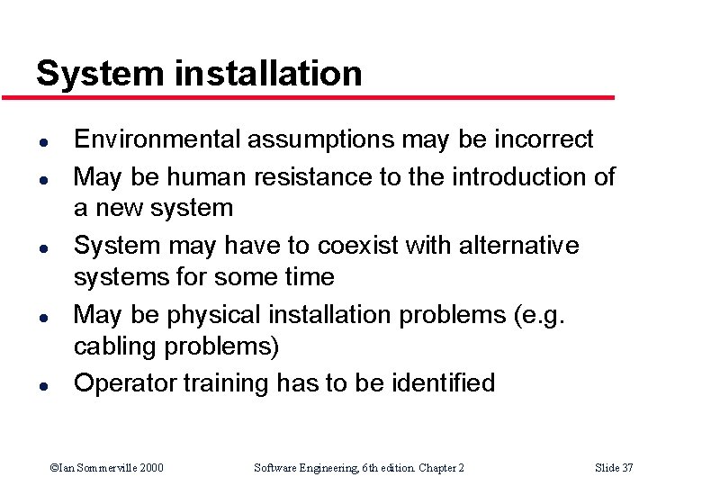 System installation l l l Environmental assumptions may be incorrect May be human resistance System installation l l l Environmental assumptions may be incorrect May be human resistance
