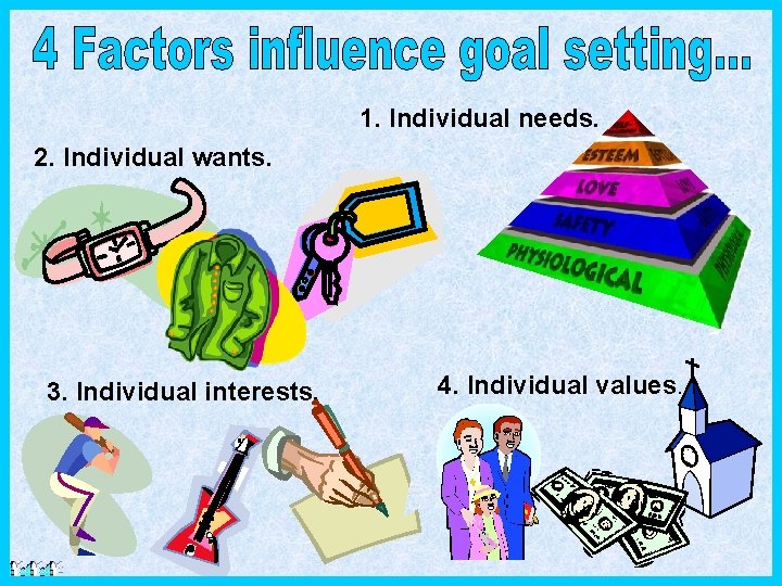 1. Individual needs. 2. Individual wants. 3. Individual interests. 4. Individual values. 