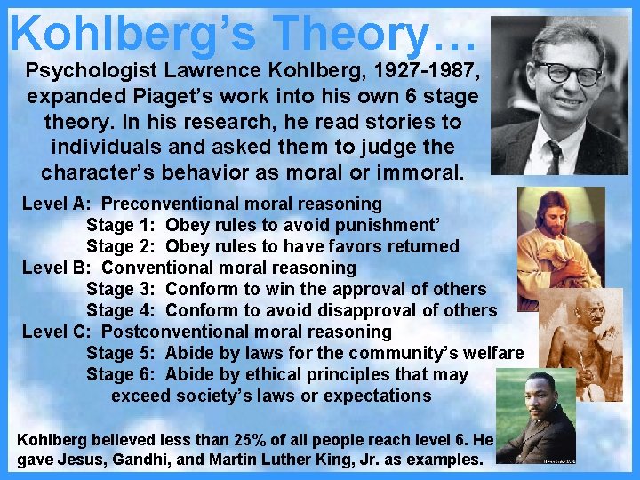 Kohlberg’s Theory… Psychologist Lawrence Kohlberg, 1927 -1987, expanded Piaget’s work into his own 6