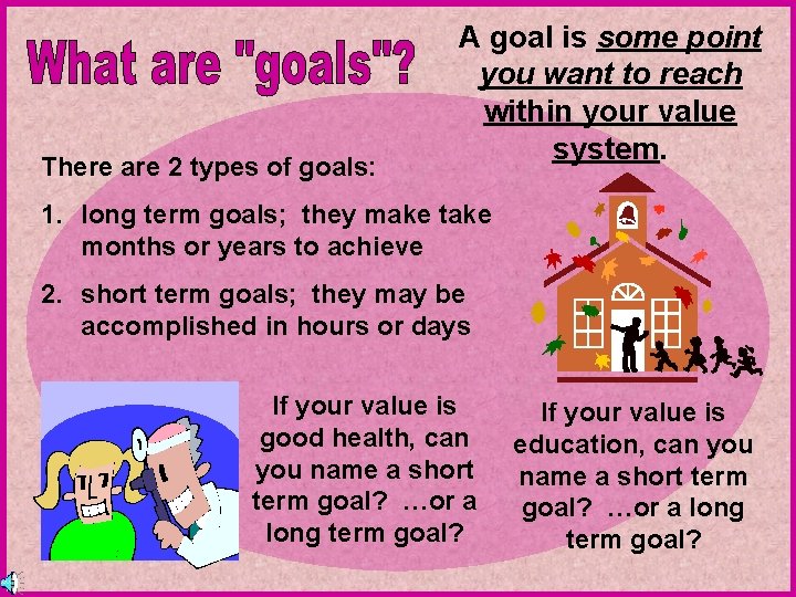 There are 2 types of goals: A goal is some point you want to