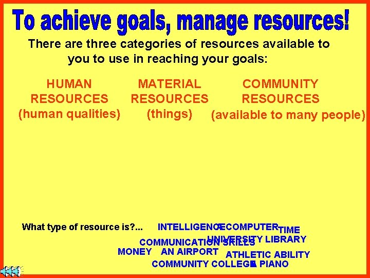 There are three categories of resources available to you to use in reaching your