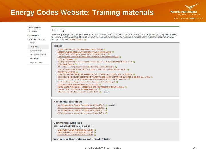 Energy Codes Website: Training materials Building Energy Codes Program 29 