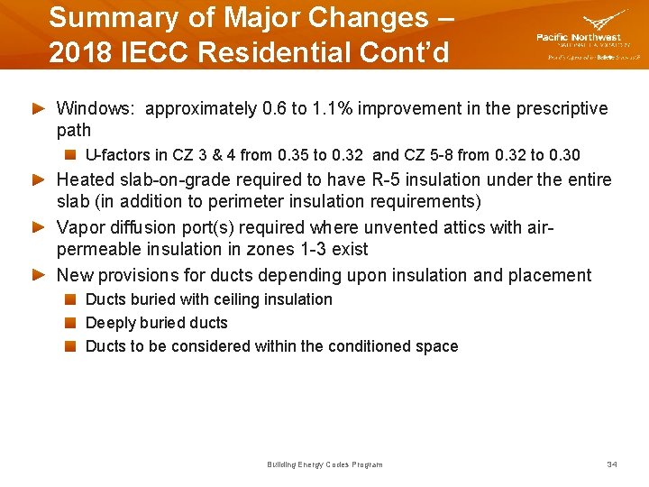 Summary of Major Changes – 2018 IECC Residential Cont’d Windows: approximately 0. 6 to